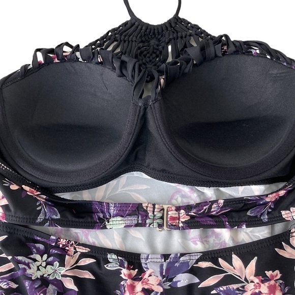 Macrame  Black Floral Halter Tie Tankini Top - Picture 8 of 11